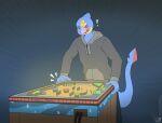  2019 5_fingers anthro anthrofied black_eyes blue_body blue_skin clothing exclamation_point facial_markings fingers flat_colors generation_3_pokemon gradient_background grey_background grey_clothing grey_hoodie grey_topwear head_markings holding_machine hoodie looking_angry looking_down male markings narrowed_eyes nintendo pinball pinball_machine pink_body pink_skin pokemon pokemon_(species) pupils red_body red_sclera red_skin sammfeatblueheart seviper signature simple_background solo tail_markings tongue tongue_out topwear video_games white_pupils yellow_body yellow_skin 