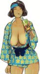  1girl areola_slip bathrobe blue_bow blue_sash bow breasts closed_eyes contrapposto cowboy_shot drinking drinking_straw headband highres large_breasts mole mole_above_mouth mossacannibalis original sash short_hair simple_background solo standing white_background 