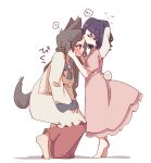 ! 2girls absurdres animal_ears barefoot black_hair blush closed_eyes dress floppy_ears heart highres imaizumi_kagerou inaba_tewi kiss kissing_forehead long_hair long_sleeves multiple_girls pink_dress rabbit_ears rabbit_girl rabbit_tail short_hair short_sleeves simple_background speech_bubble spoken_exclamation_mark squatting tail takeyasu510 tiptoes touhou white_background white_dress wolf_ears wolf_girl wolf_tail 