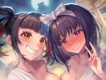  2girls architecture bangs bare_shoulders black_hair blue_hair blush breasts brown_hair cleavage collarbone east_asian_architecture fate/grand_order fate_(series) full_moon grin hairband large_breasts long_hair looking_at_viewer moon multicolored_hair multiple_girls night night_sky osakabe-hime_(fate) purple_eyes red_hair sakumichi sei_shounagon_(fate) sky smile twintails v yellow_eyes 