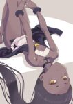  1girl bare_legs bare_shoulders black_hair choker commentary_request dark-skinned_female dark_skin diamond_cutout flat_chest highres indie_virtual_youtuber knees_up kuroboshi_kouhaku_(vtuber) long_hair looking_at_viewer lying mukai on_back original own_hands_together short_eyebrows solo two-tone_background two-tone_dress upside-down v very_long_hair virtual_youtuber wrist_cuffs yellow_eyes 