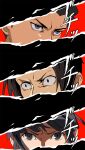  1girl 2boys ace_attorney bangs black_hair blue_eyes brown_hair close-up column_lineup cut-in eye_focus grey_eyes highres looking_at_viewer maya_fey miles_edgeworth multiple_boys parody persona persona_5 persona_eyes phoenix_wright red_background roku_(bb8800xx) 