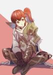  1girl :o aduti_momoyama anna_(fire_emblem) armor bangs black_gloves brown_footwear cape fire_emblem fire_emblem_heroes gloves hair_between_eyes high_collar highres long_hair long_sleeves open_mouth orange_eyes pauldrons pink_background red_hair shoulder_armor side_ponytail simple_background single_pauldron sitting solo two-tone_background 