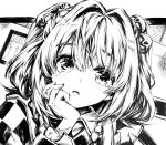  1girl absurdres ashi_(dongshi389) bell blush checkered_clothes checkered_kimono greyscale hair_bell hair_between_eyes hair_ornament highres japanese_clothes jingle_bell kimono long_sleeves looking_at_viewer monochrome motoori_kosuzu open_mouth portrait short_hair solo touhou two_side_up 