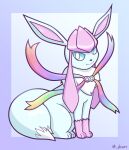  2022 3_fingers 3_toes :3 ambiguous_gender artist_name autism_symbol big_tail black_nose blue_body blue_fur blue_sclera canid canine cel_shading chest_tuft clothing colored digital_drawing_(artwork) digital_media_(artwork) digitigrade dipstick_tail eeveelution facial_tuft fakemon feet feral feral_focus fingers fluffy fluffy_chest fluffy_tail full-length_portrait fur fur_tuft generation_4_pokemon glaceon gloves gradient_background handwear head_tuft hexuru hi_res ice light lighting long_ears looking_at_viewer mammal markings multicolored_clothing multicolored_ears multicolored_tail neck_tuft nintendo paws pink_body pink_clothing pink_fur pink_gloves pink_handwear pink_inner_ear pink_tuft pokemon pokemon_(species) portrait quadruped rainbow_clothing ribbons shaded side_view signature simple_background sitting solo solo_focus symbol tail_markings text toes tuft video_games white_background white_body white_eyes white_fur white_tuft wide_eyed 