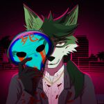  80&#039;s_theme blood bodily_fluids canid canine canis creepy_smile fenriet fox fur gold_(metal) gold_jewelry green_body green_fur hair hi_res hybrid jewelry kudo_redfox_(character) mammal maniac mask ponytail serial_killer smile suit_jacket vaporwave wolf 