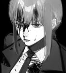  1girl bangs black_background blood blood_in_hair blood_on_clothes blood_on_face braid braided_ponytail chainsaw_man coat collared_shirt dark_background formal greyscale highres looking_to_the_side makima_(chainsaw_man) medium_hair monochrome necktie nosebleed ringed_eyes shirt sidelocks simple_background solo suit taoru_oekaki white_shirt 
