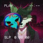  anthro blood bodily_fluids canid canine canis creepy_smile fenriet fox fur gold_(metal) gold_jewelry green_body green_fur hair hi_res hybrid jewelry kudo_redfox_(character) mammal maniac mask ponytail serial_killer smile suit_jacket synthwave vaporwave vhs_filter wolf 