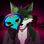  80&#039;s_theme canid canine canis creepy_smile fenriet fox fur gold_(metal) gold_jewelry green_body green_fur hair hi_res hybrid jewelry kudo_redfox_(character) mammal maniac mask ponytail serial_killer smile suit_jacket vaporwave wolf 