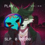  80&#039;s_theme blood bodily_fluids canid canine canis creepy_smile fenriet fox fur gold_(metal) gold_jewelry green_body green_fur hair hi_res hybrid jewelry kudo_redfox_(character) mammal maniac mask ponytail serial_killer smile suit_jacket vaporwave vhs_filter wolf 