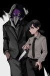  1boy 1girl beak black_hair black_jacket black_necktie chainsaw_man collared_shirt grey_hoodie hands_in_pockets higashiyama_kobeni highres holding holding_knife hood hooded_jacket hoodie jacket knife looking_at_viewer meme mole mole_under_mouth nakano_(2_mannaka) necktie plague_doctor_mask shirt shirt_tucked_in short_hair short_ponytail sideways_glance single_sidelock two-tone_background violence_devil_(chainsaw_man) white_shirt 