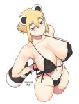  1girl adjusting_clothes adjusting_swimsuit animal_ears araiguma-san areola_slip arms_behind_back bikini black_bikini blonde_hair breasts commentary_request covered_nipples cropped_legs dated expressionless female_pubic_hair huge_breasts looking_at_viewer mismatched_pubic_hair navel original pubic_hair pubic_hair_peek raccoon_ears raccoon_tail red_eyes short_hair side-tie_bikini_bottom solo spaghetti_strap swimsuit tail tsukudani_(coke-buta) untied untied_bikini 
