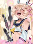  1girl ayanami_(azur_lane) ayanami_barrage_(meme) azur_lane bandaid bandaid_on_shoulder bangs bare_shoulders blonde_hair blue_choker blue_sailor_collar blush breasts bubble choker closed_eyes commentary_request crop_top detached_sleeves dokutsumamuru hair_between_eyes headgear highres long_hair looking_up meme navel neckerchief open_mouth ponytail retrofit_(azur_lane) sailor_collar sexually_suggestive sideboob sidelocks small_breasts sparkle stomach sweat torpedo upper_body very_long_hair wavy_mouth yellow_neckerchief 