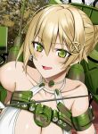  1girl :d bare_shoulders blonde_hair breasts choker cleavage copyright_request doko_tetora green_eyes hair_bun hair_ornament hairpin large_breasts looking_at_viewer single_hair_bun smile solo upper_body white_choker 