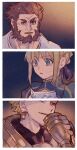  1girl 2boys armor armored_dress artoria_pendragon_(fate) beard blonde_hair blue_dress blue_ribbon breastplate commentary_request cup dress drinking earrings evil_smile facial_hair fate/zero fate_(series) gauntlets gilgamesh_(fate) gold_armor green_eyes hair_bun hair_ribbon highres holding holding_cup iskandar_(fate) jewelry machi_(uqyjee) multiple_boys red_eyes red_hair ribbon saber shirt short_hair single_hair_bun smile sweatdrop upper_body white_shirt 