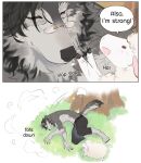  aman_(weibo) anthro belt bottomwear bovid canid canine canis caprine claws clothing colored comic dialogue duo eyewear falling feral fluffy glasses grass hitting male mammal pants pince-nez plant sheep text tree wolf 