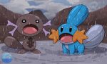  :o artist_name cloud cloudy_sky highres mgx0 mudkip no_humans open_mouth paldean_wooper pokemon pokemon_(creature) puddle rain sky tail watermark wet 