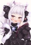  1girl :d animal_ear_fluff animal_ears bangs black_bow black_capelet black_dress black_ribbon blunt_bangs blush bow bowtie capelet cat_ears center_frills cocozasa dress fang frilled_bow frilled_dress frills fur-trimmed_capelet fur_trim grey_hair hair_ribbon heart highres hololive long_hair long_sleeves looking_at_viewer murasaki_shion open_mouth ribbon smile solo striped striped_bow virtual_youtuber 
