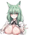  1girl absurdres animal_ear_fluff animal_ears arknights bangs breasts breasts_out cat_ears commentary_request green_eyes green_hair harmonie_(arknights) highres large_breasts long_hair looking_at_viewer nipples petra_(jgc845601) shirt simple_background smile solo upper_body v very_long_hair white_background white_shirt 