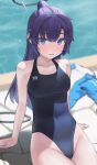  1girl absurdres bangs black_one-piece_swimsuit blue_archive clothes_writing commentary_request competition_swimsuit covered_navel cowboy_shot halo highleg highleg_swimsuit highres jacket jacket_removed long_hair one-piece_swimsuit parted_bangs ponytail purple_eyes purple_hair sidelocks solo swimsuit user_awua3758 yuuka_(blue_archive) 