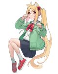  1girl ahoge animal_ears bangs blonde_hair blue_skirt bocchi_the_rock! bow cat_ears collared_shirt detached_ahoge full_body ijichi_nijika irain jacket long_hair long_sleeves open_mouth paw_pose pleated_skirt red_bow red_eyes red_footwear school_uniform shirt shoes side_ponytail sidelocks simple_background sitting skirt sneakers socks solo white_background white_shirt white_socks 