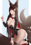  1girl :p absurdres akagi_(azur_lane) alternate_costume animal_ear_fluff animal_ears azur_lane bangs black_footwear black_hair black_leotard blue_background blush bow bowtie breasts chinese_commentary closed_mouth commentary_request detached_collar fox_ears fox_girl fox_tail hand_up high_heels highres holding holding_marker ichikushi_mojibake kneeling large_breasts leotard long_hair long_sleeves looking_at_viewer marker multicolored_hair multiple_tails red_bow red_bowtie red_hair smile tail thighs tongue tongue_out 