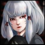  1girl bangs black_border black_hair blunt_bangs blurry blurry_background border chromatic_aberration commentary_request depth_of_field fatal_frame fatal_frame_5 grey_hair hair_ribbon highres kuro_kosyou looking_at_viewer parted_lips red_eyes red_lips red_ribbon ribbon shiragiku_(fatal_frame) solo upper_body 