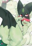  absurd_res anthro balls blush butt generation_9_pokemon genitals green_body hi_res looking_at_viewer male meowscarada nintendo nipples open_mouth pokemon pokemon_(species) red_eyes solo video_games 
