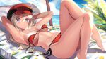 1girl alisa_ilinichina_amiella armpits arms_behind_head arms_up bare_legs bare_shoulders barefoot bed bikini bikini_tan blue_eyes breasts bucchake_(asami) cabbie_hat cleavage day god_eater hat long_hair looking_at_viewer lying medium_breasts navel on_back open_mouth outdoors red_bikini red_headwear solo stomach string_bikini sunlight swimsuit tan tanlines thighs untied untied_bikini white_hair 