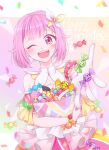  1girl ;d bangs bare_shoulders blush bow candy food highres holding holding_candy holding_food looking_at_viewer narina_0 one_eye_closed ootori_emu open_mouth pink_eyes pink_hair project_sekai short_hair short_sleeves skirt smile solo 