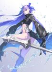  1girl absurdres black_coat blue_eyes bow coat fate/extra fate/extra_ccc fate/grand_order fate_(series) gradient gradient_background hair_bow highres kamehito long_hair meltryllis_(fate) prosthesis prosthetic_leg purple_hair sleeves_past_fingers sleeves_past_wrists water 