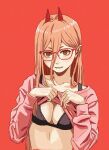  1girl bangs black_bra blonde_hair bra breasts brown_eyes chainsaw_man clothes_lift cross-shaped_pupils glasses hair_between_eyes highres horns long_hair looking_at_viewer pink_sweater power_(chainsaw_man) red-framed_eyewear red_background red_horns sharp_teeth shiren_(ourboy83) simple_background small_breasts smile solo sweater symbol-shaped_pupils teeth underwear 