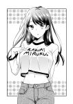 1girl absurdres bangs breasts clothes_writing crop_top greyscale hand_up highres ice_cream_kanojo kawai_miruku kuune_rin long_hair long_sleeves looking_at_viewer medium_breasts midriff monochrome navel pants parted_lips polka_dot polka_dot_background romaji_text shirt simple_background solo translation_request white_background 