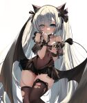  1girl a_fangfang_fang_fang absurdres animal_ears aqua_eyes azur_lane bangs bare_shoulders black_pantyhose black_ribbon black_scrunchie black_thighhighs black_wings blush breasts cat_ears commentary covered_navel demon_wings feet_out_of_frame frills hair_ribbon halloween halloween_costume heart heart-shaped_pupils highres holding holding_hair janus_(azur_lane) janus_(fright-night_scaredy-cat)_(azur_lane) leotard long_hair looking_at_viewer medium_breasts official_alternate_costume pantyhose ribbon scrunchie see-through sidelocks solo symbol-shaped_pupils thighhighs thighs torn_clothes torn_thighhighs twintails white_background white_hair wings wrist_scrunchie 