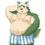  anthro belly blep blush boxers_(clothing) canid canine canis clothing domestic_dog embarrassed eyebrows fur green_body green_fur hi_res lifewonders live-a-hero male mammal mokdai navel nipples one_eye_closed overweight solo thick_eyebrows tongue tongue_out underwear video_games wink yaki_atsuage 