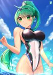  1girl bangs black_one-piece_swimsuit blue_sky breasts chinchongcha cloud covered_navel day green_eyes green_hair headpiece highleg highleg_swimsuit highres large_breasts long_hair multicolored_clothes multicolored_swimsuit one-piece_swimsuit outdoors pneuma_(xenoblade) ponytail sky solo swept_bangs swimsuit turtleneck very_long_hair water xenoblade_chronicles_(series) xenoblade_chronicles_2 