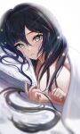  1girl bangs black_hair blanket blurry blush breasts cleavage commentary_request depth_of_field dutch_angle genshin_impact green_eyes hair_between_eyes head_on_pillow korean_commentary long_hair looking_at_viewer mona_(genshin_impact) moth1 on_bed parted_lips pov_across_bed sidelighting sidelocks solo sparkle_hair_ornament swept_bangs under_covers upper_body white_background 
