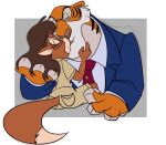  affectionate anthro bengal_tiger black_body black_eyebrows black_fur black_stripes black_tie_(suit) bottomwear brown_body brown_fur brown_hair brown_nose button_(fastener) canid canine cjzilla88 clothed clothing coat disney dress_shirt duo eyebrows eyelashes eyes_closed eyewear felid female fluffy fluffy_tail fox fully_clothed fur glasses grey_background hair hand_in_hair hand_on_face holding_face interspecies jacket kiss_on_lips kissing long_hair love making_out male male/female mammal markings multicolored_body multicolored_fur myra_foxworthy necktie orange_body orange_fur pantherine pockets shere_khan shirt shorts simple_background sitting size_difference standing striped_body striped_fur striped_markings stripes suit talespin thick_eyebrows tiger topwear touching_face touching_hair white_background white_body white_fur 