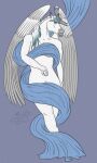  2022 anthro antlers blue_eyes breasts ceffyl_dwr cervid digital_media_(artwork) drapes dream_merchant elle_(skuggamul) equid facial_markings feathers female hair head_markings hi_res horn hybrid looking_at_viewer mammal markings multicolored_hair nude simple_background solo two_tone_hair white_body wings 