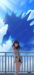  1girl 1other absurdres bangs black_hair black_skirt blue_eyes blue_sky bow bowtie cardigan closed_mouth cloud collared_shirt commentary day feet_out_of_frame gridman_universe hand_in_pocket hand_up highres long_hair long_sleeves looking_to_the_side monster orange_scrunchie outdoors pleated_skirt red_bow red_bowtie school_uniform scrunchie shirt skirt sky ssss.gridman standing sunlight takarada_rikka thighs white_cardigan white_shirt wrist_scrunchie wuuyaw 