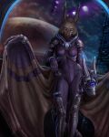  4:5 anthro armor artist_logo artist_name blue_eyes blurred_background brown_body brown_fur brown_wings cheek_tuft chiropteran clothed clothing ear_tuft facial_tuft female front_view fur furred_wings head_tuft headgear helmet hi_res himeragoldtail holding_armor holding_headgear holding_helmet holding_object logo looking_at_viewer mammal membrane_(anatomy) membranous_wings planet smile solo space spacesuit standing tuft wings 