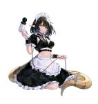  1girl apron arknights bangs black_hair dress eunectes_(arknights) frilled_apron frilled_dress frills grey_eyes highres inuko_(redconstellation) maid_apron maid_headdress pointy_ears simple_background sitting snake_tail solo tail white_apron white_background 