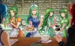 6+girls absurdres alternate_costume apron bangs blue_hair blunt_bangs bow breasts cafe chalkboard coffee_mug coffee_pot contemporary cup elincia_ridell_crimea english_commentary english_text enmaided erinys_(fire_emblem) fire_emblem fire_emblem:_genealogy_of_the_holy_war fire_emblem:_mystery_of_the_emblem fire_emblem:_radiant_dawn fire_emblem_heroes food frilled_apron frills green_eyes green_hair green_theme hair_between_eyes hair_bun hair_ornament hairclip heart highres long_hair looking_at_another looking_at_viewer lucia_(fire_emblem) maid medium_breasts medium_hair menu menu_board minerva_(fire_emblem) mug multiple_girls name_tag nephenee_(fire_emblem) one_eye_closed palla_(fire_emblem) pancake pancake_stack parted_bangs plant potted_plant red_hair short_hair sidelocks single_hair_bun smile taking_order tamafry teaspoon very_long_hair waitress whipped_cream white_bow yellow_eyes 