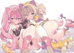  2girls anal anal_object_insertion anal_tail animal_ears armor ass bikini_armor black_gloves blade_(galaxist) blonde_hair blue_eyes blush cape censored dildo elbow_gloves fake_animal_ears fake_tail fingerless_gloves gloves long_hair looking_at_viewer multiple_girls object_insertion open_mouth original pauldrons pink_hair pointy_ears sex_toy shoulder_armor tail 
