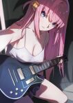  1girl bangs blue_eyes bocchi_the_rock! breasts cube_hair_ornament electric_guitar faicha gotou_hitori guitar hair_ornament instrument long_hair looking_at_viewer one_side_up pink_hair solo tank_top white_tank_top 