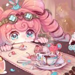  1girl ace_attorney bangs blue_eyes cherry doughnut drill_hair food fruit goggles goggles_on_head hair_rings hat herlock_sholmes highres holding holding_spoon iris_wilson long_hair open_mouth pink_hair pudding rengui560 ryunosuke_naruhodo solo sparkle spoon stuffed_animal stuffed_bunny stuffed_mouse stuffed_toy susato_mikotoba table the_great_ace_attorney twintails 