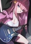  1girl bangs blue_eyes bocchi_the_rock! breasts cube_hair_ornament electric_guitar faicha gotou_hitori guitar hair_ornament instrument jacket long_hair looking_at_viewer one_side_up pink_hair pink_jacket solo track_jacket 