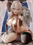  1girl absurdly_long_hair absurdres aegir_(azur_lane) arm_behind_head azur_lane bell breast_curtains breasts brown_bag cowbell demon_horns elbow_gloves facial_tattoo fangs gloves hair_on_horn heart heart_tattoo highres horns indoors kneeling large_breasts long_hair looking_at_viewer multicolored_hair oza_osuwari pussy_juice red_hair ribbon sweat tattoo thighhighs tongue tongue_out underbust very_long_hair white_hair yellow_eyes 