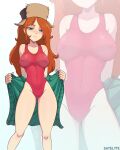  1girl absurdres artist_name bangs bare_legs bare_shoulders breasts breasts_apart closed_mouth collarbone commentary_request cowboy_shot dot_nose forehead gravity_falls green_eyes hat highleg highleg_swimsuit highres legs_apart long_hair looking_at_viewer medium_breasts nipples orange_hair parted_bangs red_one-piece_swimsuit satelyte skin_tight smile solo swimsuit symbol-shaped_pupils thighs toon_(style) undressing wendy_corduroy 