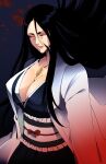  1girl absurdres black_hair bleach bleach:_the_thousand-year_blood_war blood blue_eyes breasts ceroccb cleavage haori highres japanese_clothes large_breasts long_hair mole mole_under_mouth scar smile solo taichou_haori unohana_retsu 